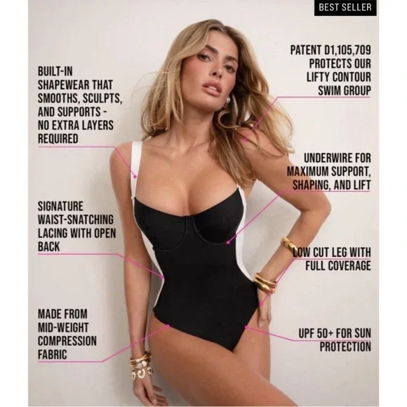 TA3 Lifty Contour Black And White One Piece Reg/Long Shapewear Swimsuit XS D/DD - Picture 4 of 14